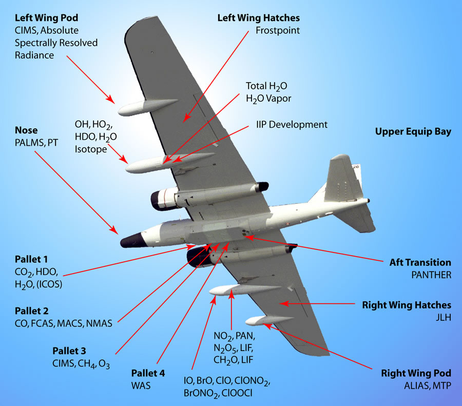 WB-57 high-altitude research aircraft with instruments highlighted